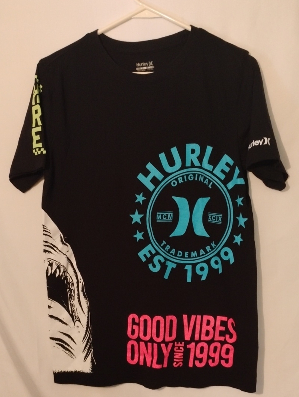 Hurley Black Short-Sleeve Tee with Blue Crest & Pink Slogan
